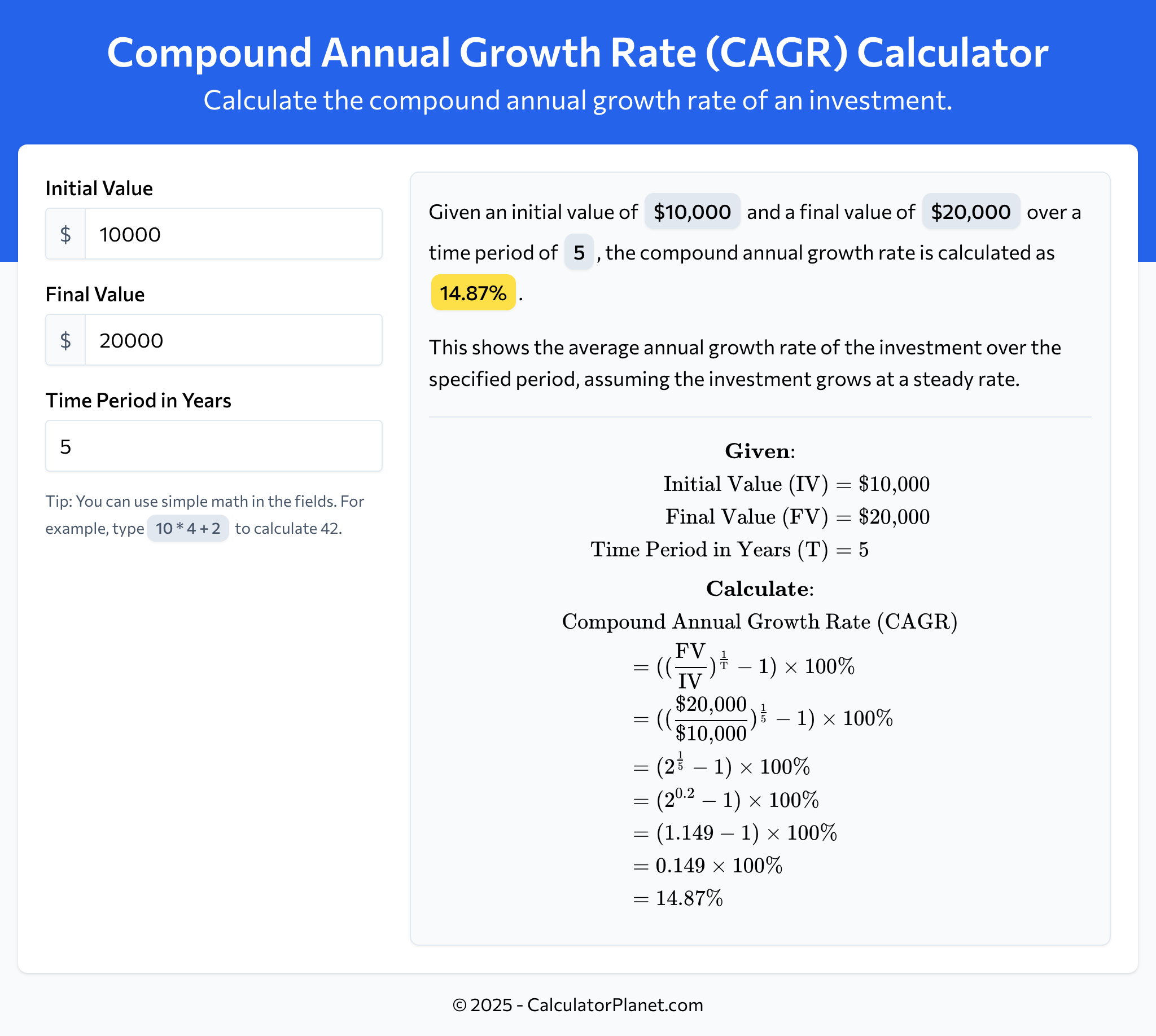 Compound Annual Growth Rate (CAGR) Calculator by CalculatorPlanet.com