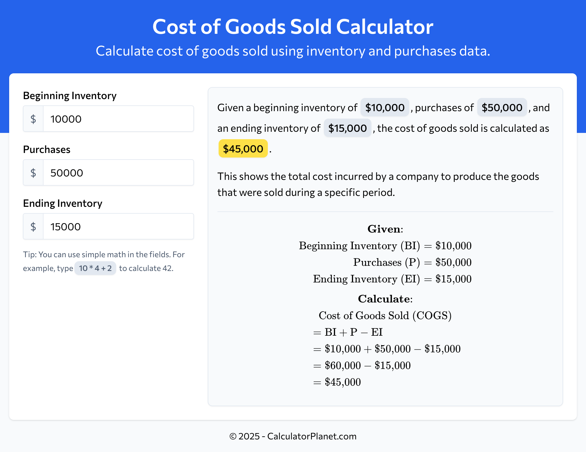 Cost of Goods Sold Calculator by CalculatorPlanet.com