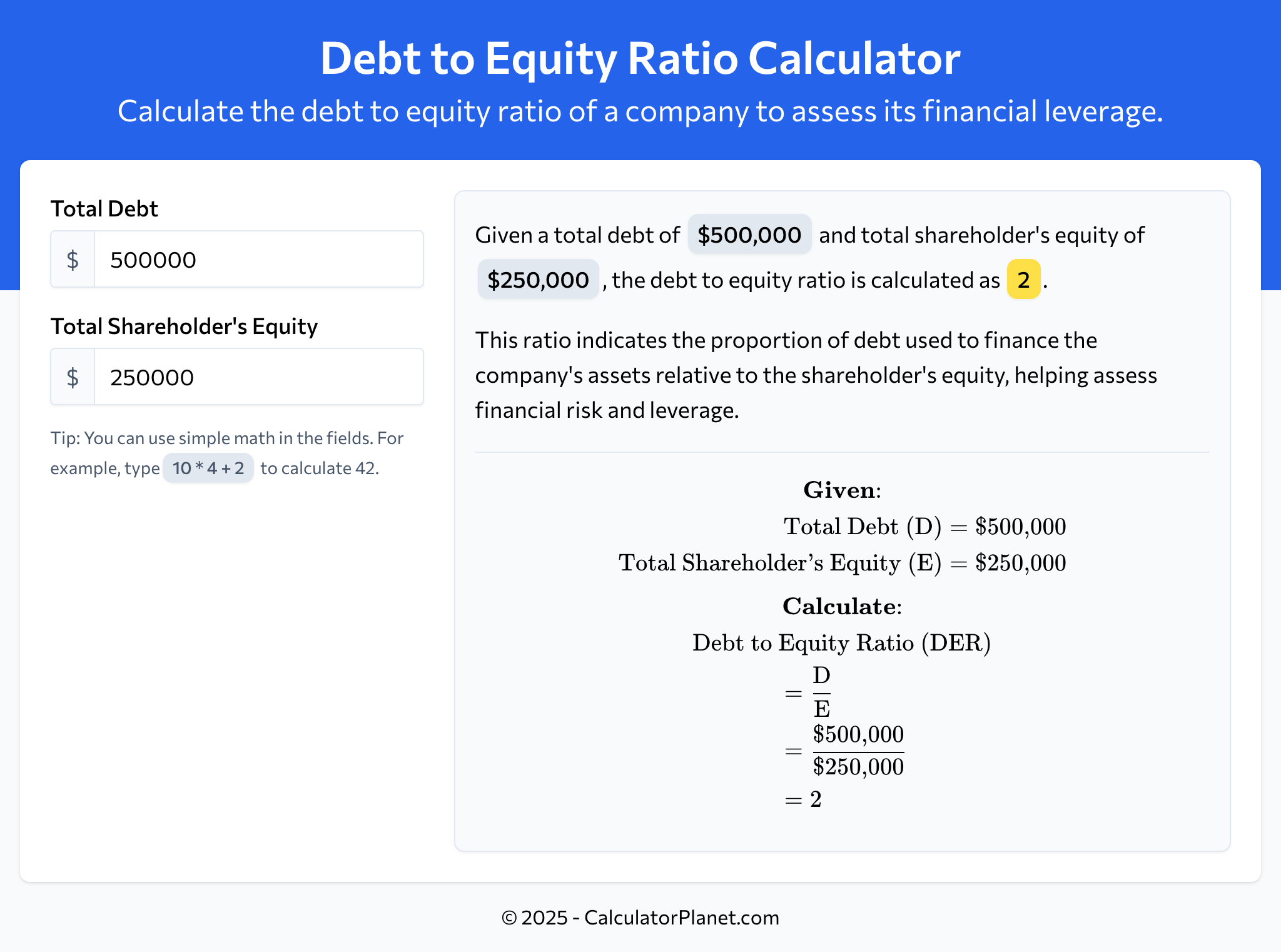 Debt to Equity Ratio Calculator by CalculatorPlanet.com