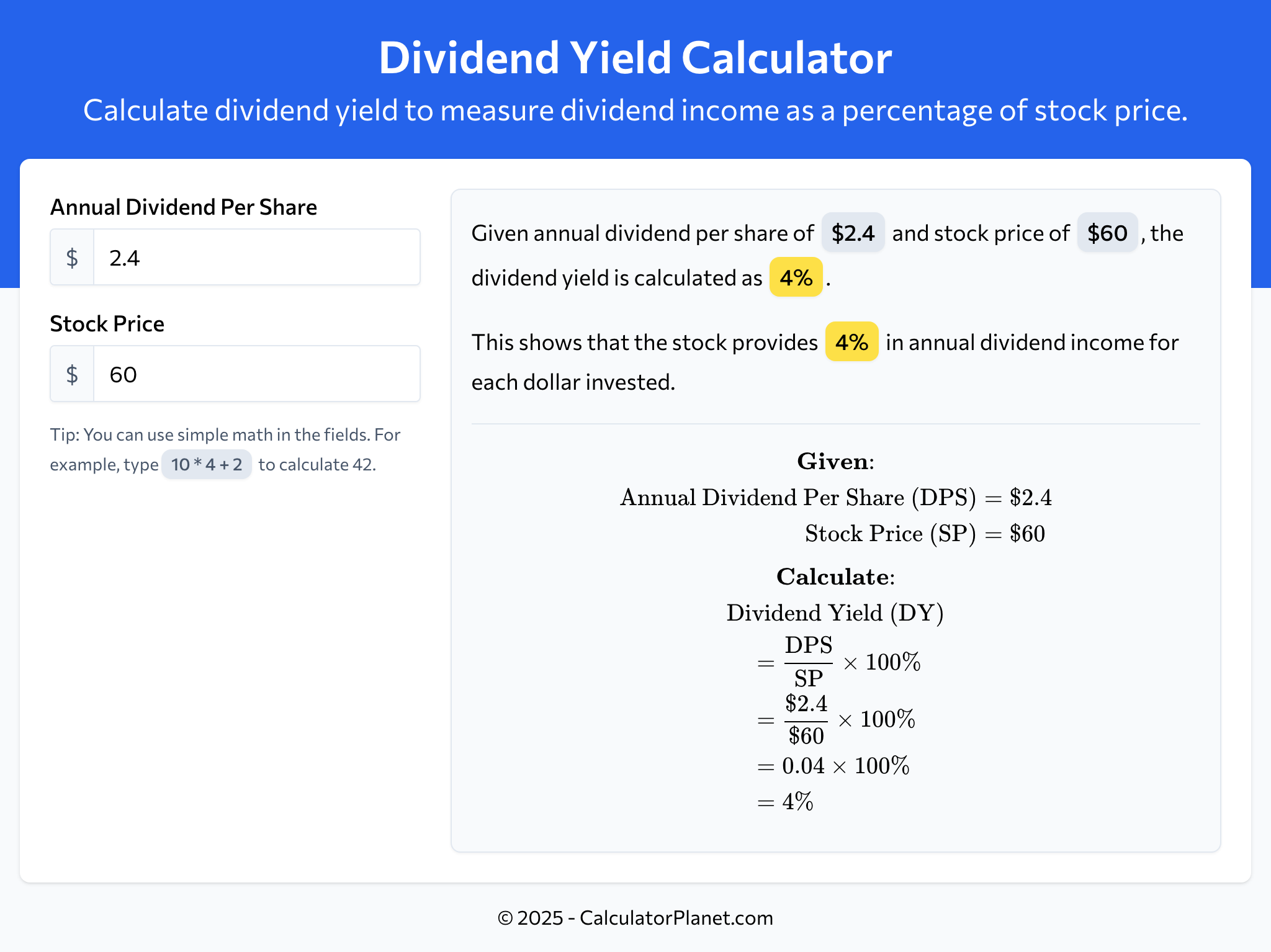 Dividend Yield Calculator by CalculatorPlanet.com