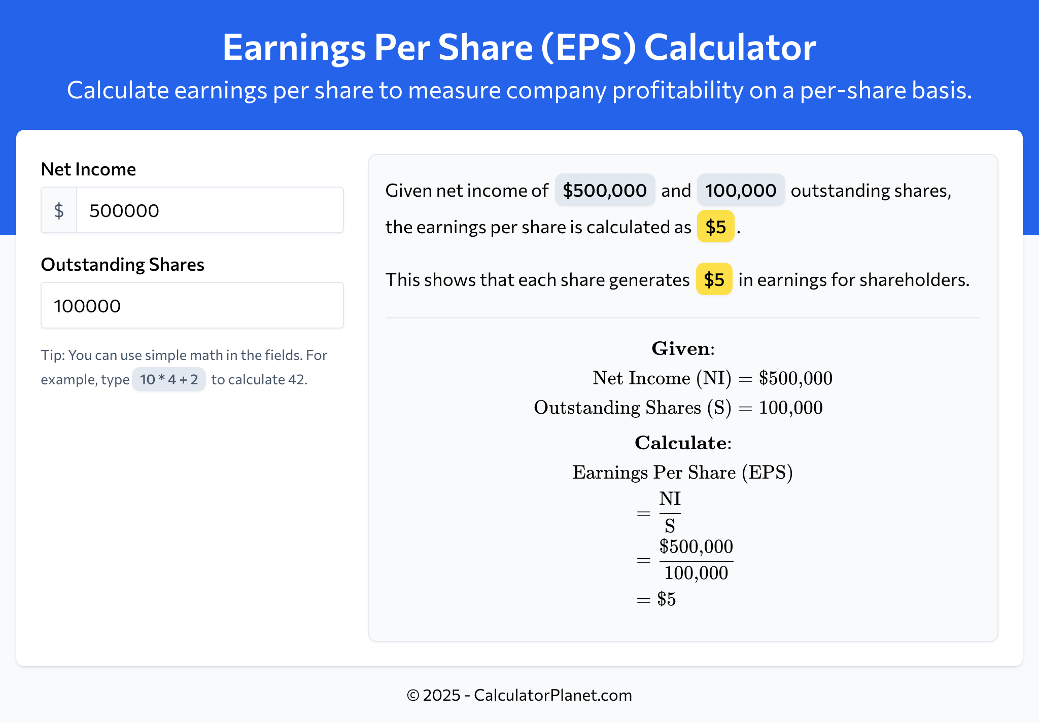 Earnings Per Share (EPS) Calculator by CalculatorPlanet.com