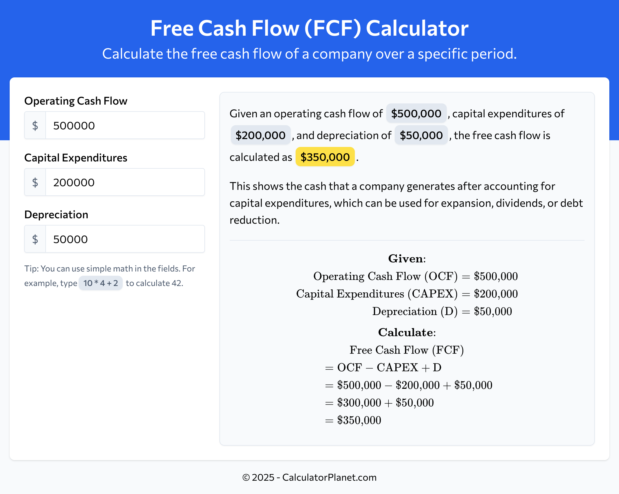 Free Cash Flow (FCF) Calculator by CalculatorPlanet.com