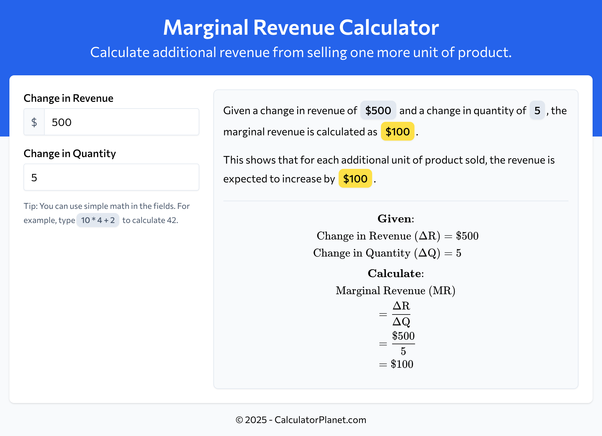 Marginal Revenue Calculator by CalculatorPlanet.com