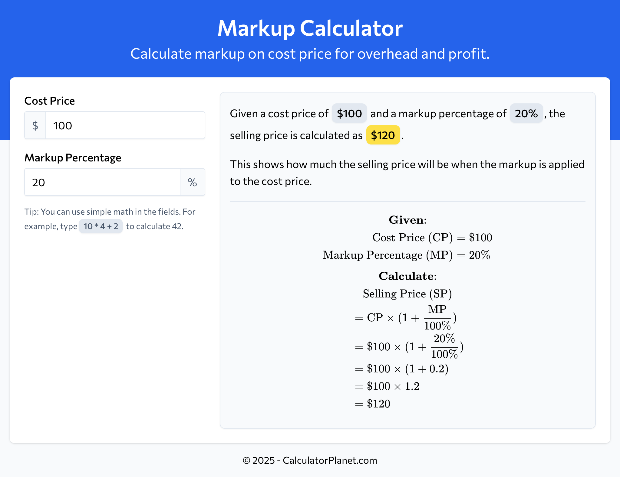 Markup Calculator by CalculatorPlanet.com