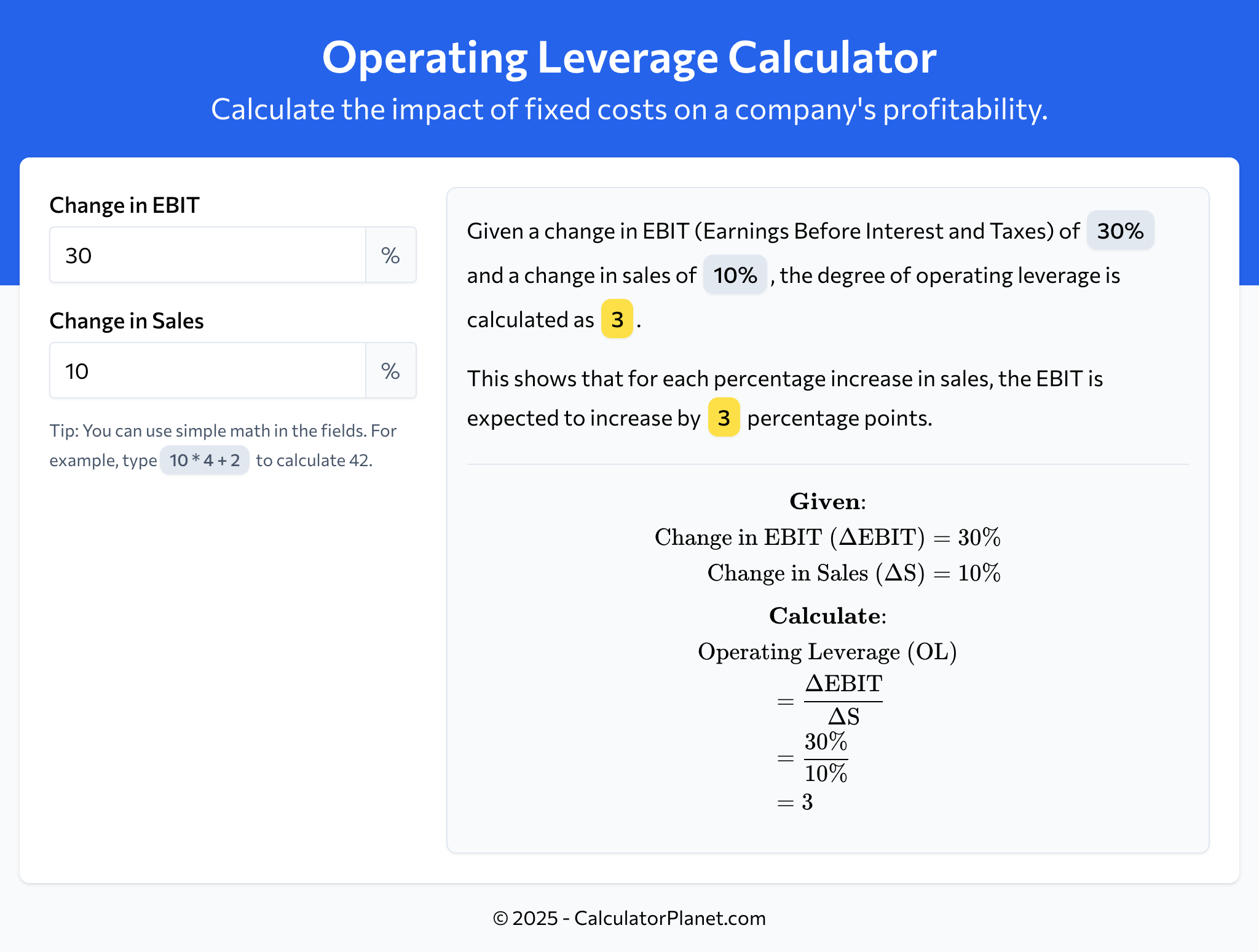 Operating Leverage Calculator by CalculatorPlanet.com