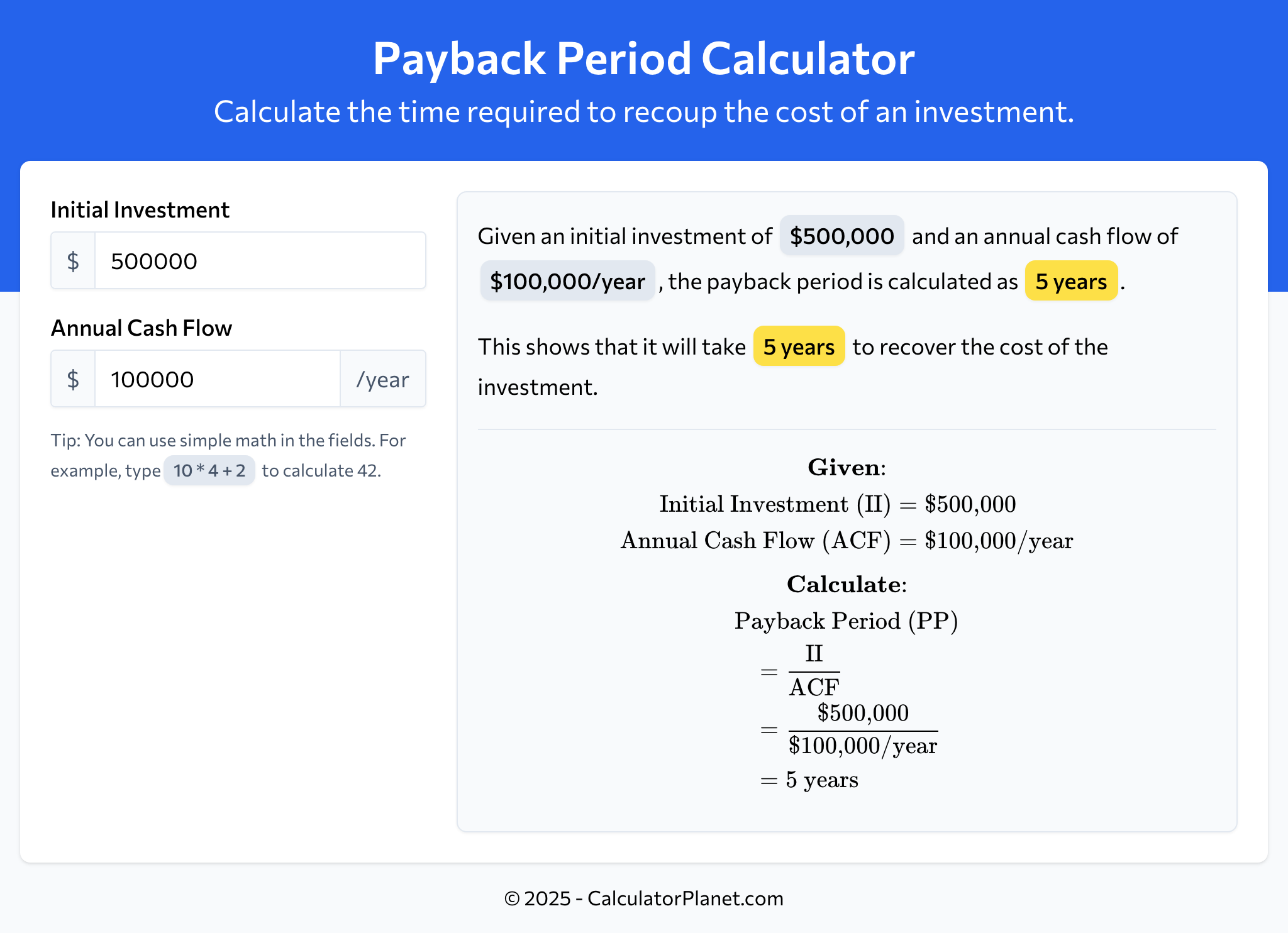 Payback Period Calculator by CalculatorPlanet.com
