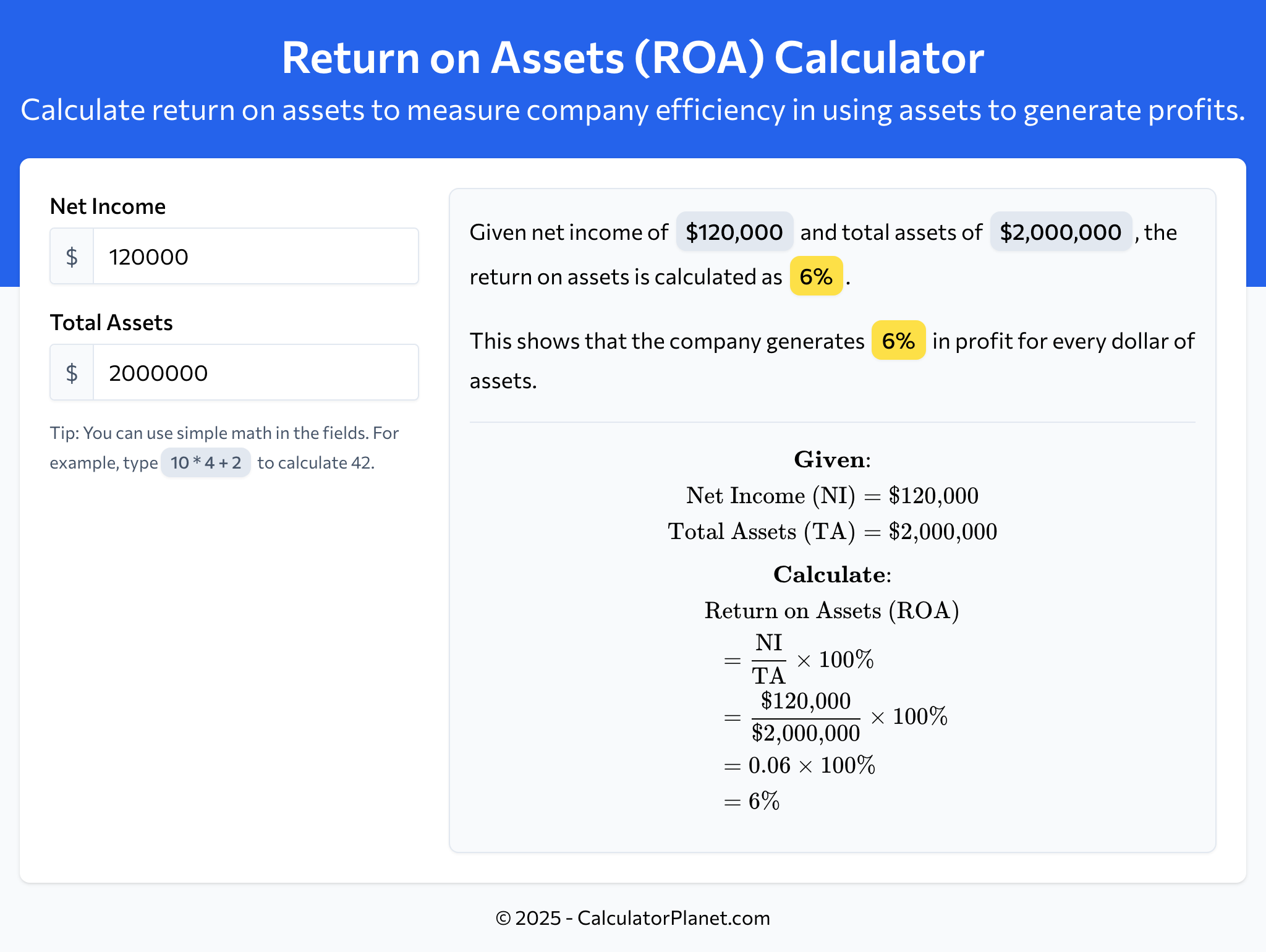 Return on Assets (ROA) Calculator by CalculatorPlanet.com
