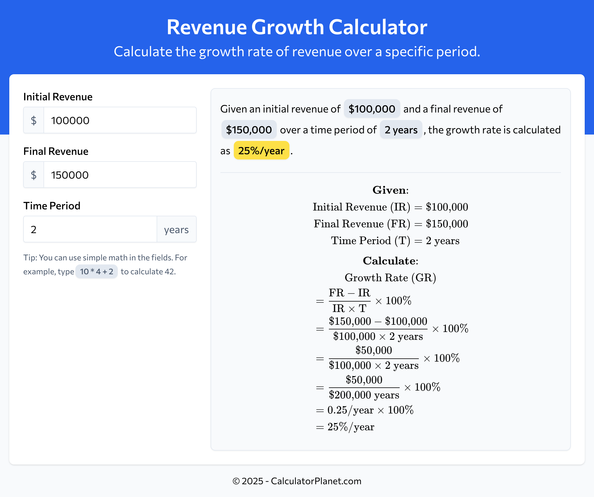 Revenue Growth Calculator by CalculatorPlanet.com
