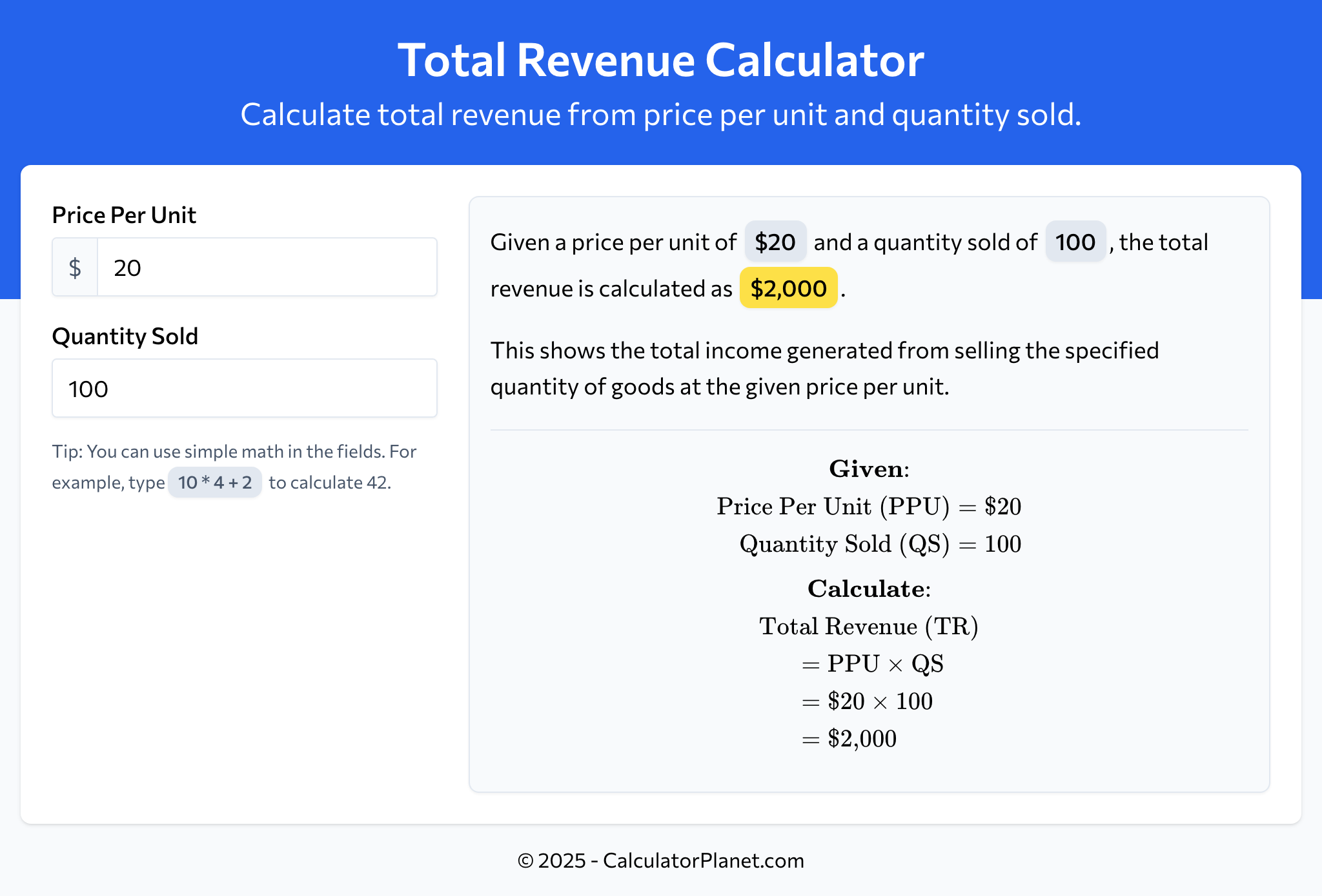 Total Revenue Calculator by CalculatorPlanet.com