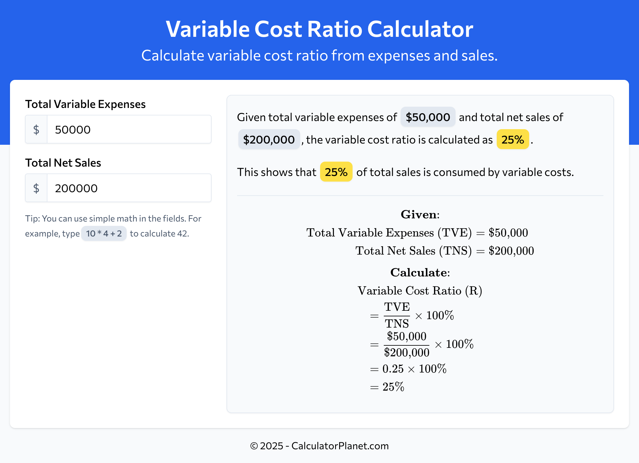 Variable Cost Ratio Calculator by CalculatorPlanet.com